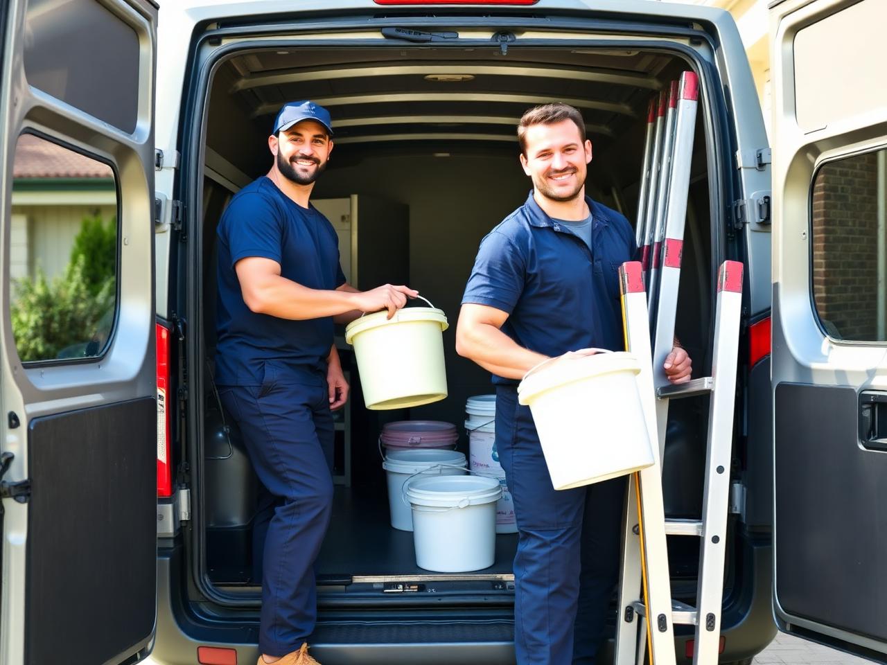 Claro painting crew loading paint and ladders from a work van outside a suburban home