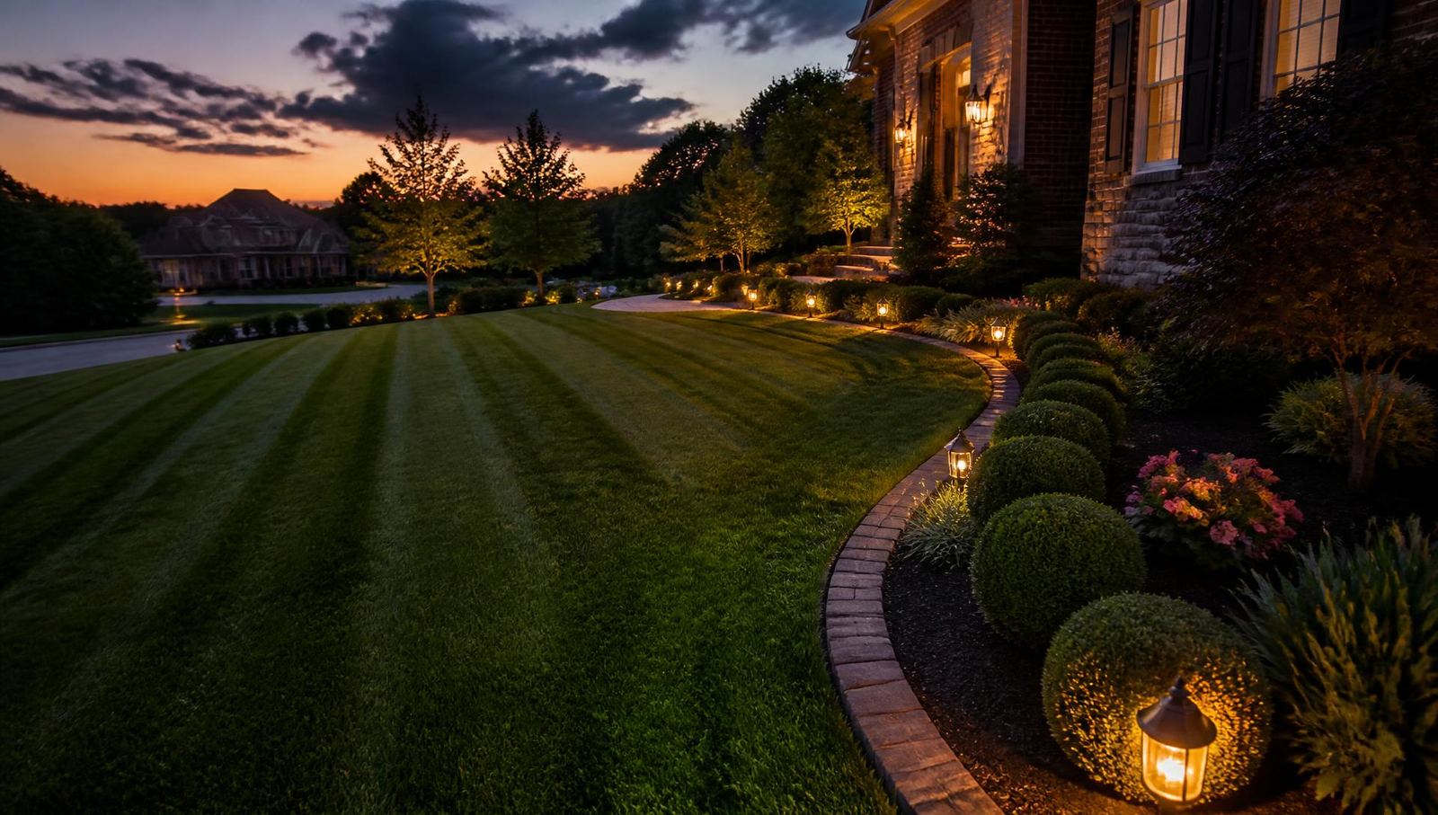 Manicured lawn with striped mowing lines and glowing landscape lighting at dusk